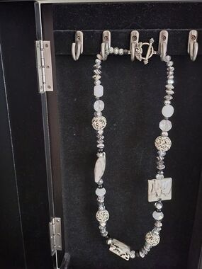 Handcrafted Black and White Beaded Statement Necklace with Toggle Clasp